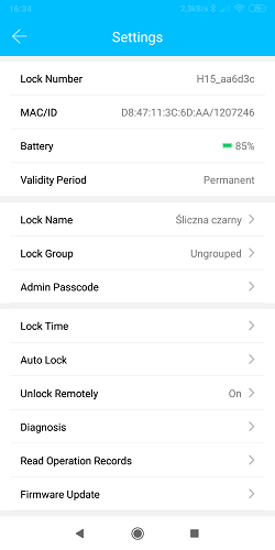 Opcje setings TTlock